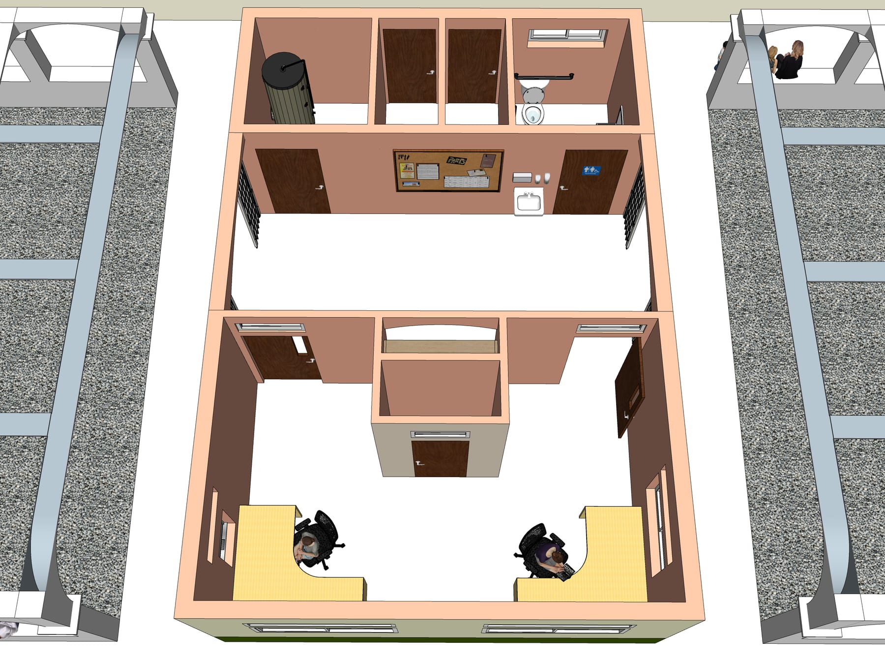 Cutaway rendering of the Come Hither model, looking down into the central core from the rear