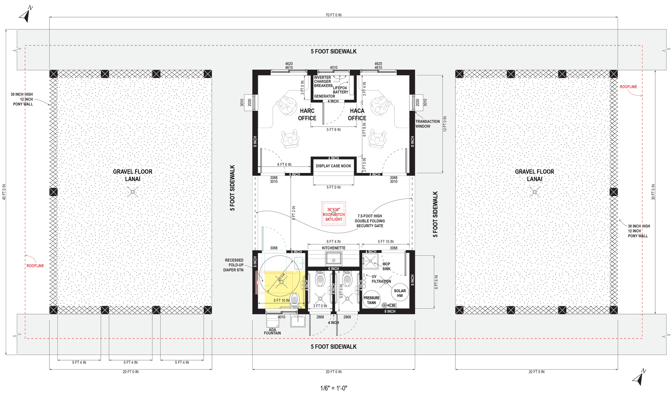 Come Hither model floor plan: a central core of offices, restrooms and a kitchenette, flanked by two open gravel-floor lanai
