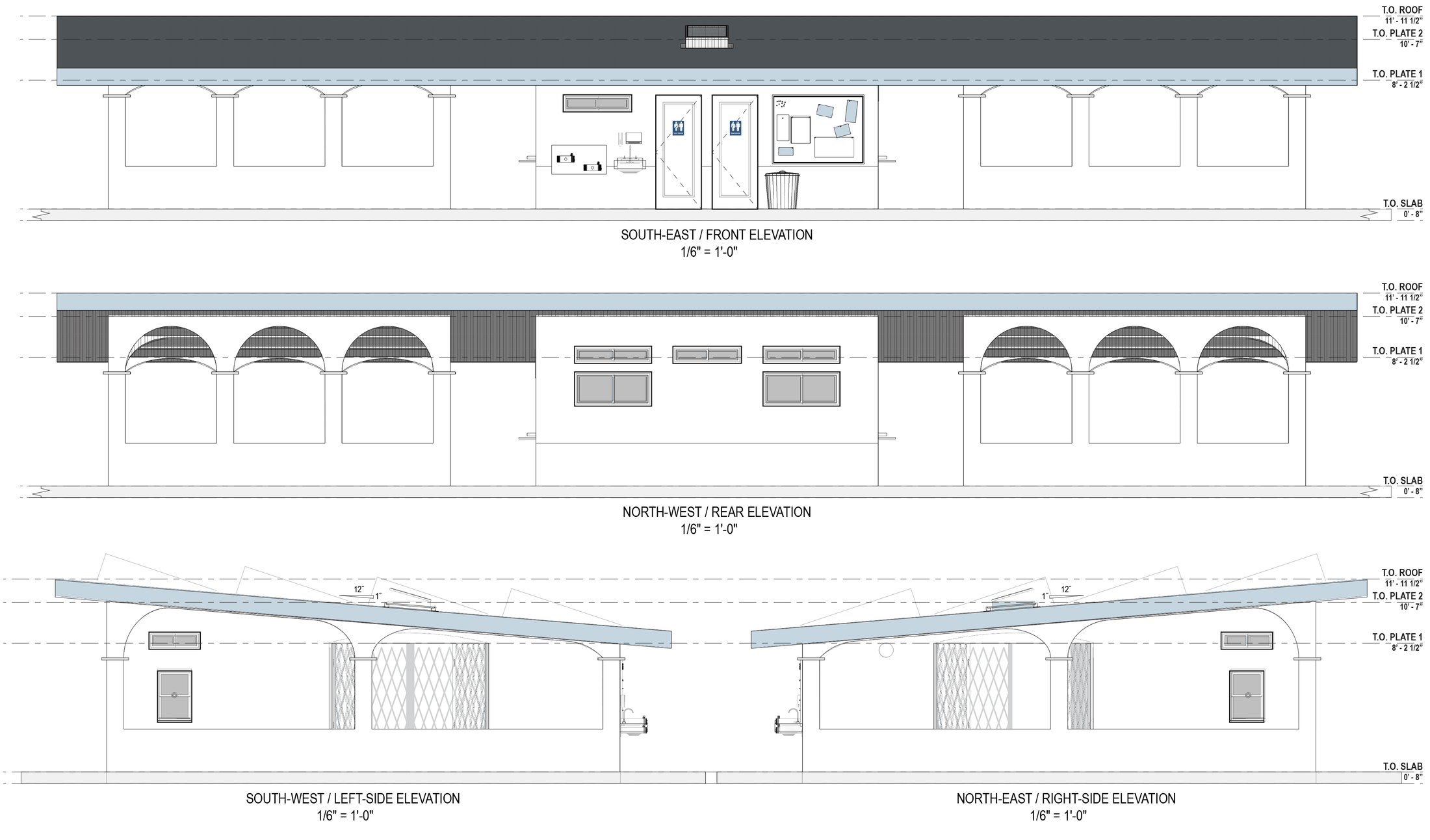 Come Hither model elevations: south-east front, north-west rear, and both side elevations