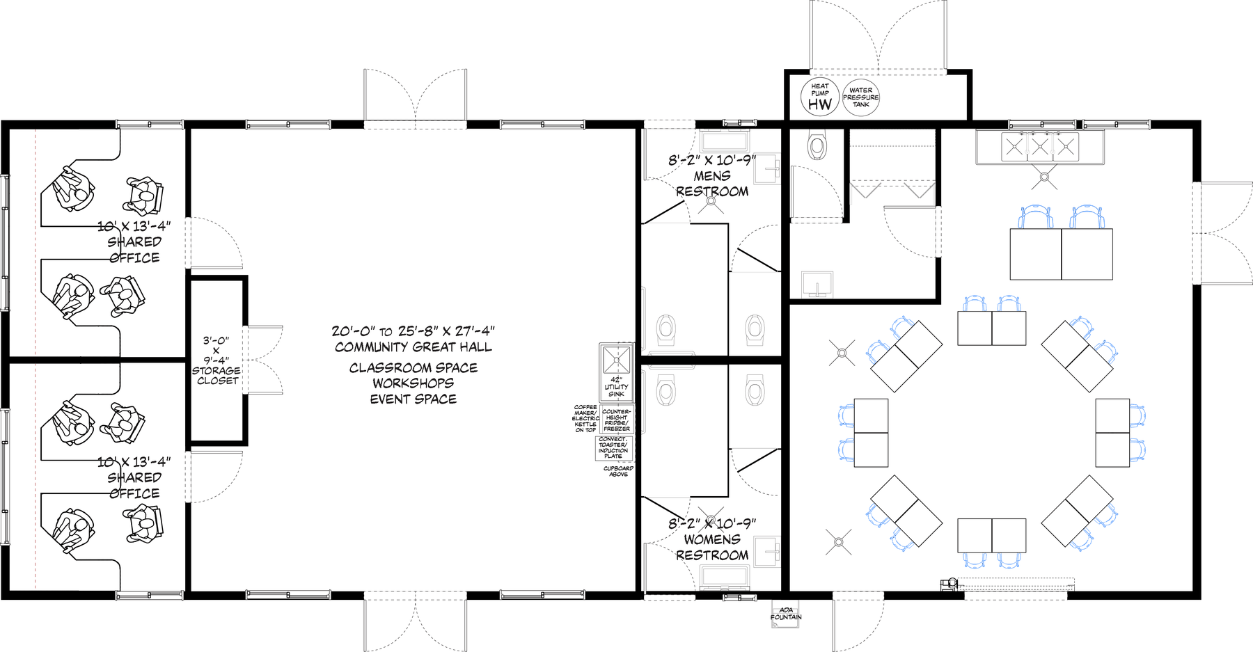 Community Center Option A floor plan: two shared offices, a storage closet, the community great hall, men's and women's restrooms, and the east end laid out with tables rather than kitchen equipment